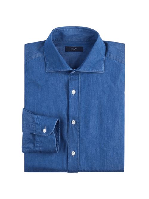 Camicia da uomo in denim di puro cotone, collo francese, colore blu medio FAY | NCMA151115LMJPU210